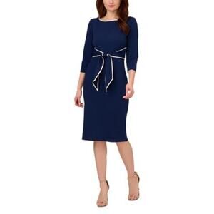 Adrianna Papell Plus Size Navy & White Tie Waist Crepe Sheath Dress Size 24W